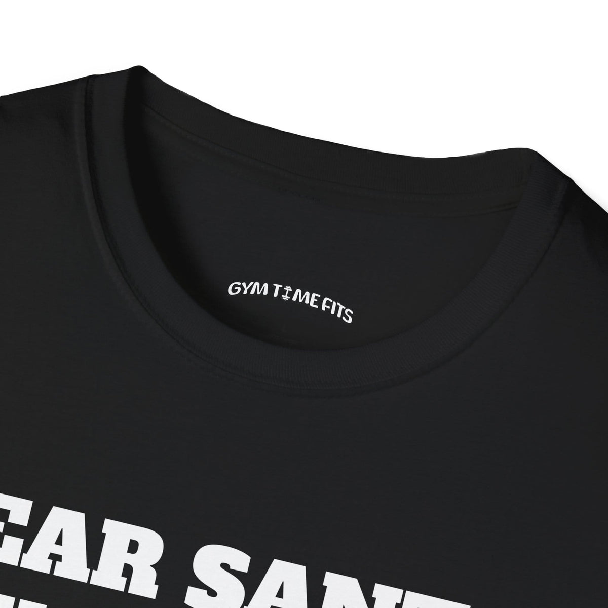 Close-up of the black t-shirt collar with the Gym Time Fits neck label