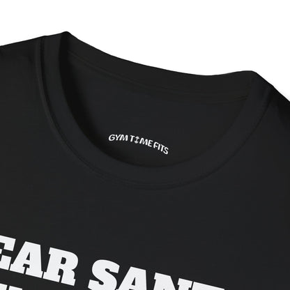 Close-up of the black t-shirt collar with the Gym Time Fits neck label
