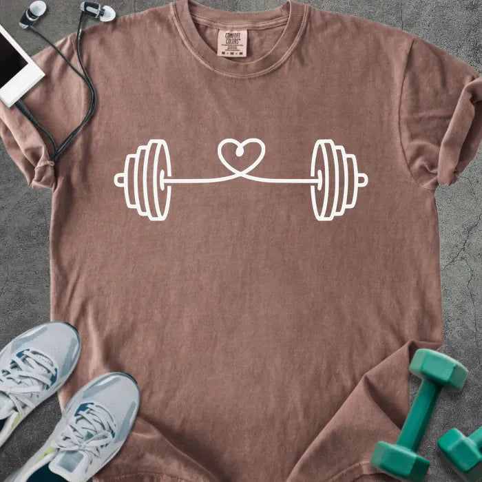 Espresso t-shirt with a barbell connected by heart strings