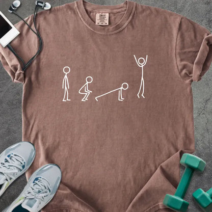 Espresso t-shirt with stick figures doing burpees graphic in white