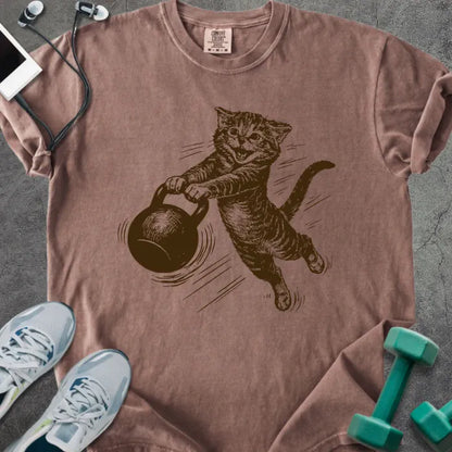 Espresso t-shirt with an illustration of a cat swinging a kettlebell in brown and white