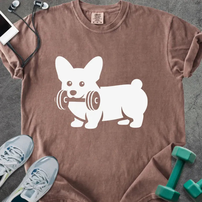 Espresso t-shirt with a corgi holding dumbbells graphic in white