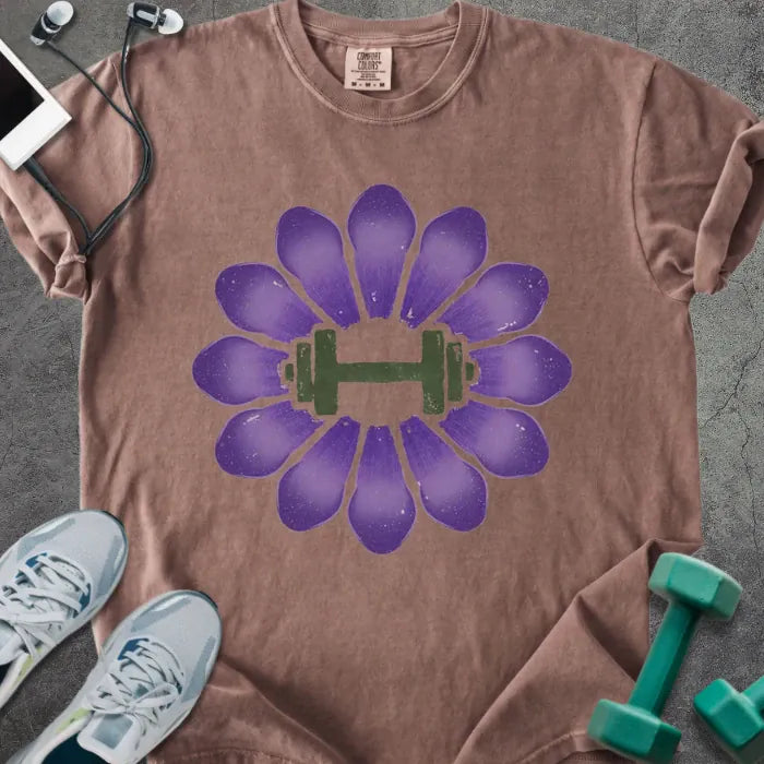Espresso t-shirt with purple crocus flowers and dumbbell in center in purple and green