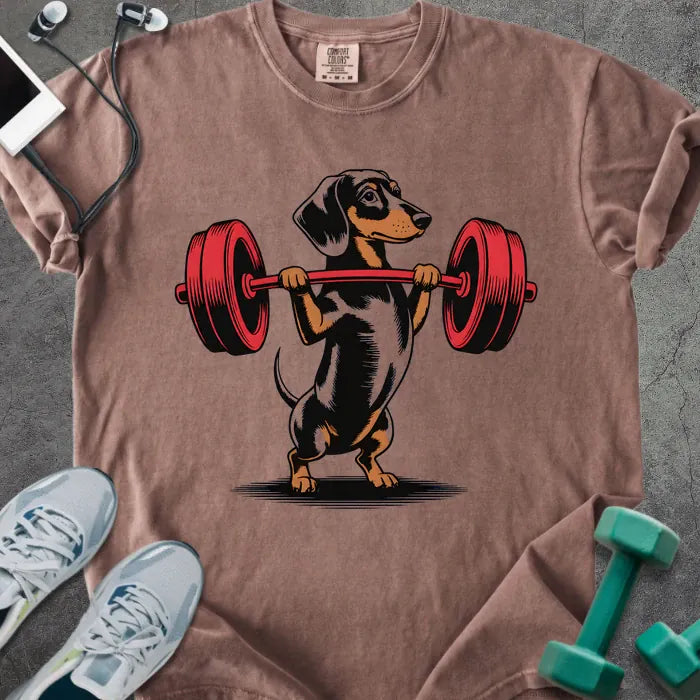 Espresso t-shirt with a dachshund dog lifting a barbell in red