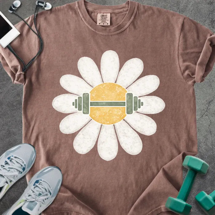 Espresso t-shirt with white daisy and barbell in center in white and yellow