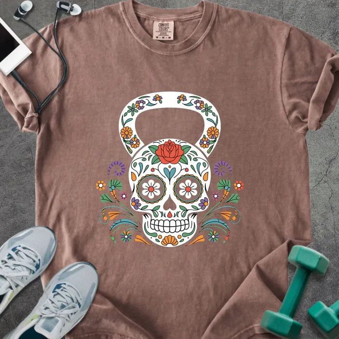 Espresso t-shirt with a floral skull kettlebell graphic in multicolor