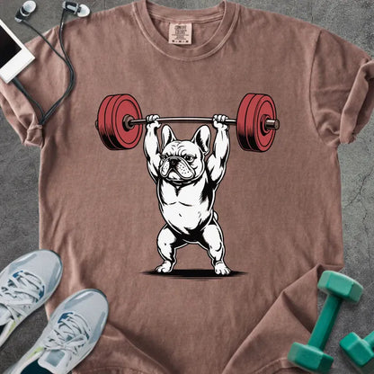 Espresso t-shirt with a French bulldog lifting a barbell