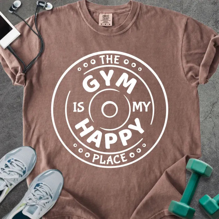 Espresso t-shirt printed with "The Gym is my Happy Place" in white, with a barbell graphic