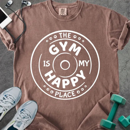 Espresso t-shirt printed with "The Gym is my Happy Place" in white, with a barbell graphic