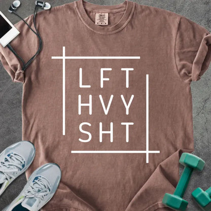 Espresso t-shirt printed with "Lft Hvy Sht" in white
