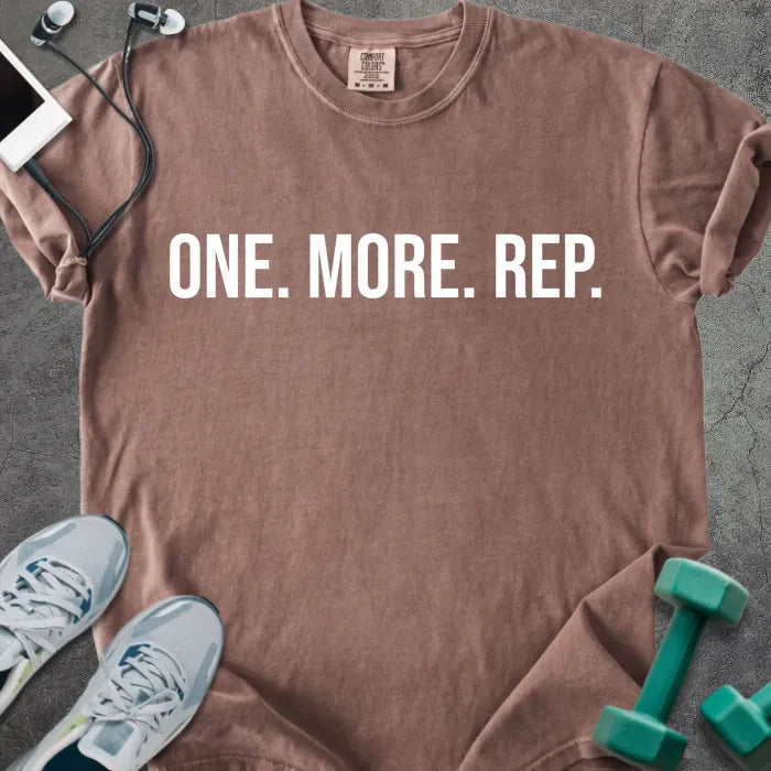 Espresso t-shirt printed with "One. More. Rep." in white