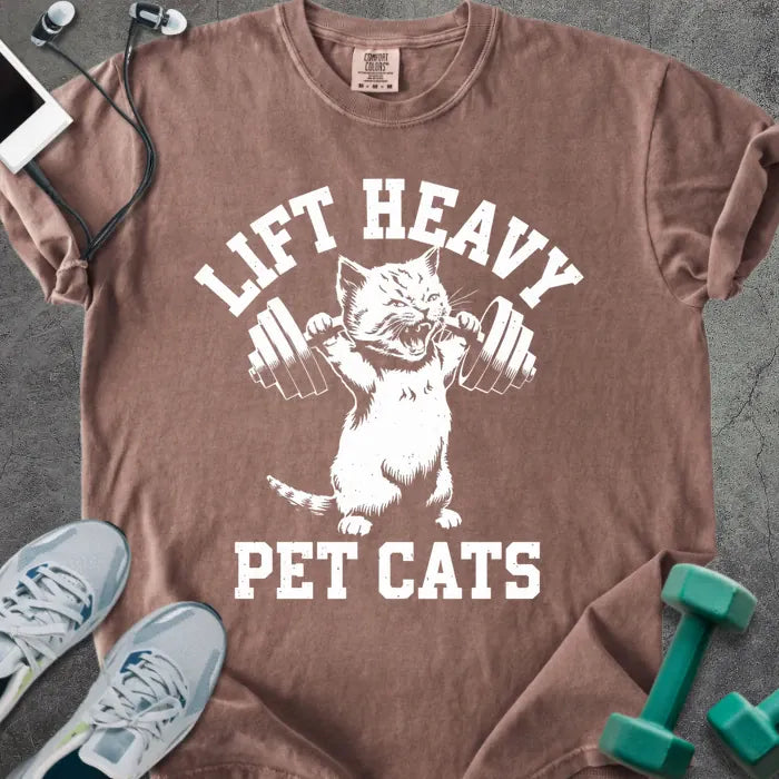 Espresso t-shirt printed with "Lift Heavy Pet Cats" in white, with a cat lifting a barbell