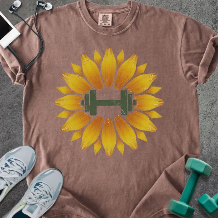 Espresso t-shirt with yellow sunflower and dumbbell in center in yellow and green