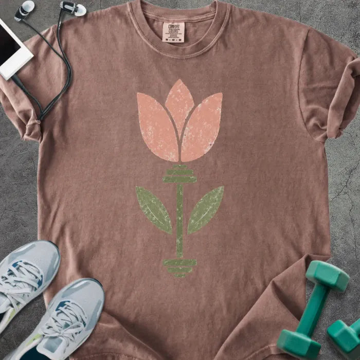 Espresso t-shirt with pink tulip flower and barbell in pink and green