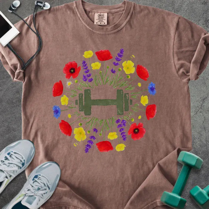 Espresso t-shirt with colorful wildflowers and dumbbells in circular arrangement in red, yellow, purple, blue, and green
