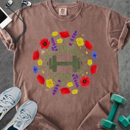 Espresso t-shirt with colorful wildflowers and dumbbells in circular arrangement in red, yellow, purple, blue, and green