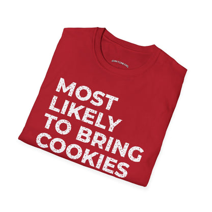 Folded cherry red t-shirt printed with "MOST LIKELY TO BRING COOKIES TO THE GYM" in white