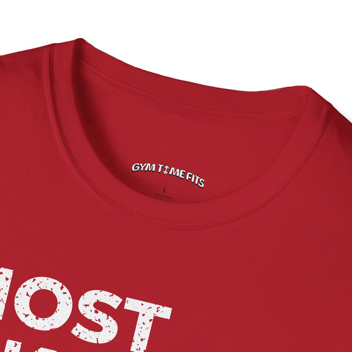 Close-up of the cherry red t-shirt collar with the Gym Time Fits neck label