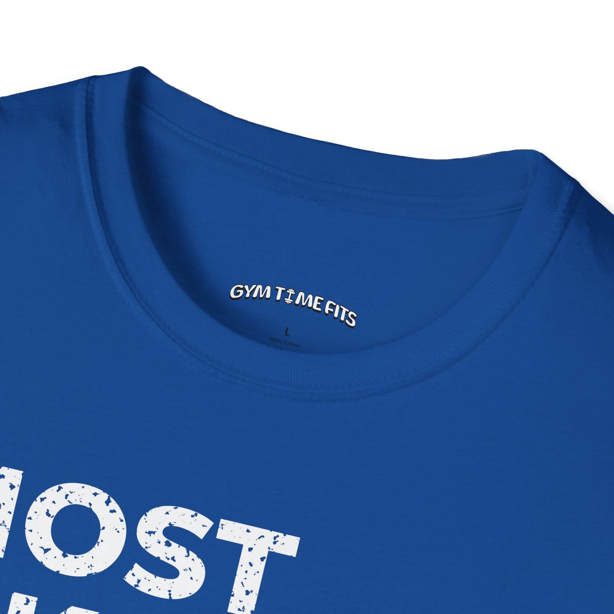 Close-up of the royal blue t-shirt collar with the Gym Time Fits neck label