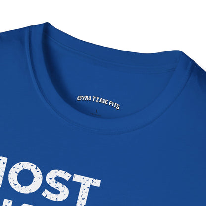 Close-up of the royal blue t-shirt collar with the Gym Time Fits neck label