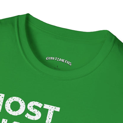Close-up of the Irish green t-shirt collar with the Gym Time Fits neck label