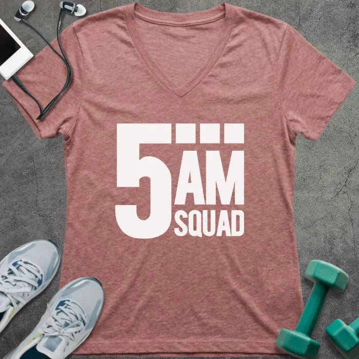 Heather mauve t-shirt printed with "5AM Squad"