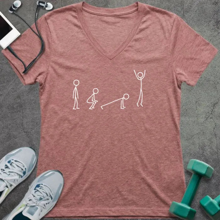 Heather mauve t-shirt with white stick figures showing the stages of a burpee