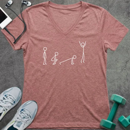 Heather mauve t-shirt with white stick figures showing the stages of a burpee