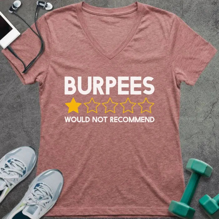 Heather mauve t-shirt printed with "Burpees Would Not Recommend" in yellow, white, with a one-star out of five star rating icon