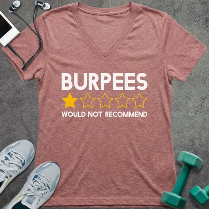 Heather mauve t-shirt printed with "Burpees Would Not Recommend" in yellow, white, with a one-star out of five star rating icon