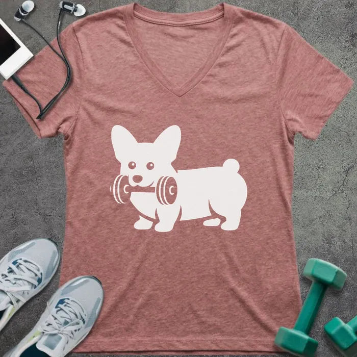 Heather mauve t-shirt with a corgi holding a dumbbell