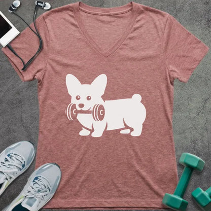 Heather mauve t-shirt with a corgi holding a dumbbell