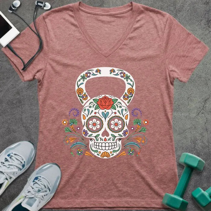 Heather mauve t-shirt with a decorative skull kettlebell design in multicolor