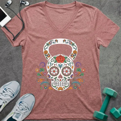 Heather mauve t-shirt with a decorative skull kettlebell design in multicolor