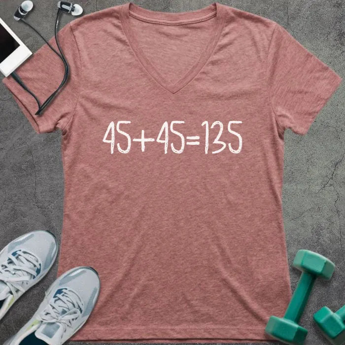 Heather mauve t-shirt printed with "45+45 135"