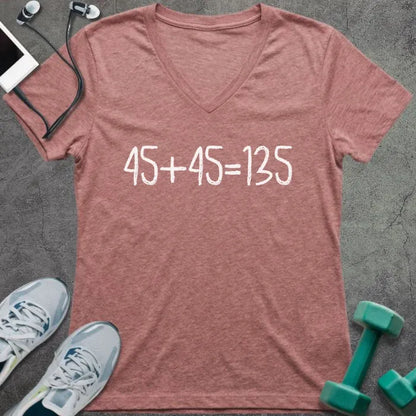 Heather mauve t-shirt printed with "45+45 135"