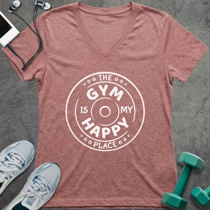 Heather mauve t-shirt printed with "The Gym is my Happy Place" in white, with a dumbbell inside a circle design