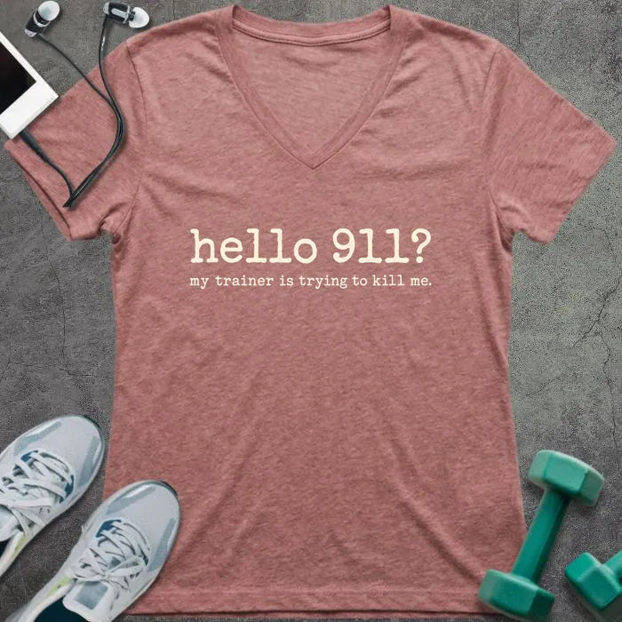 T-Shirt Heather Mauve / S Hello 911 V-Neck