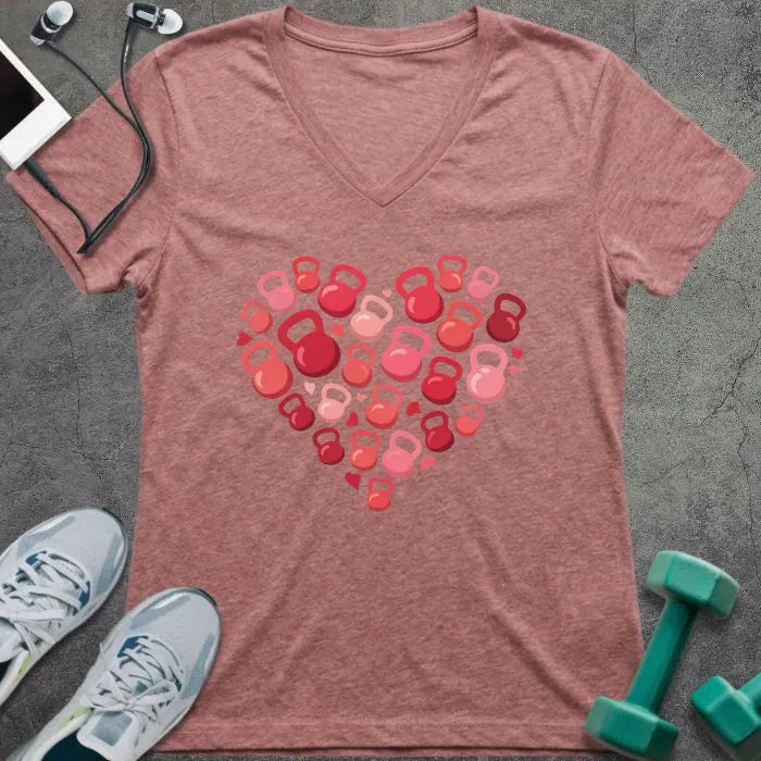 Heather mauve t-shirt with kettlebells arranged in a heart shape in pink and red