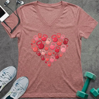 Heather mauve t-shirt with kettlebells arranged in a heart shape in pink and red