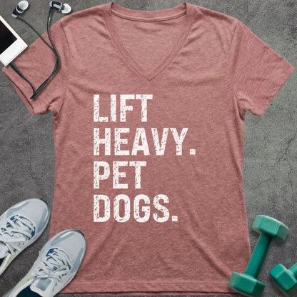 Heather mauve t-shirt printed with "Lift Heavy. Pet Dogs."