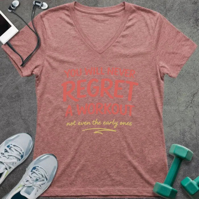 Heather mauve t-shirt printed with "You Will Never Regret a Workout" in pink and yellow
