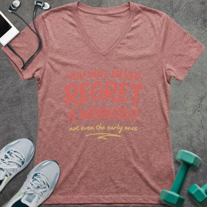 Heather mauve t-shirt printed with "You Will Never Regret a Workout" in pink and yellow