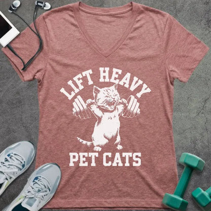Heather mauve t-shirt printed with "Lift Heavy Pet Cats" in white, with cat holding dumbbell graphic
