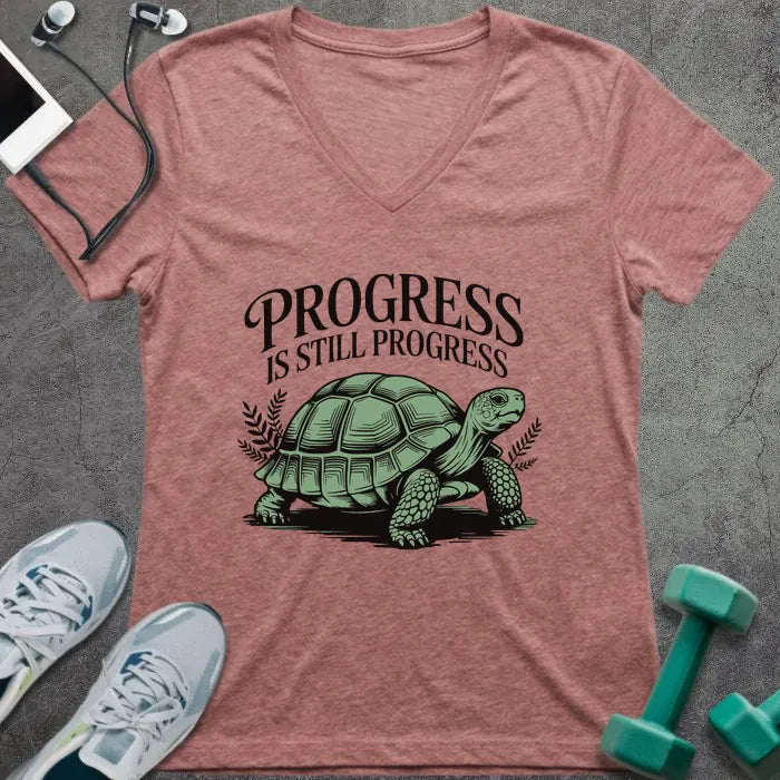 Heather mauve t-shirt printed with "Progress is Still Progress" in green, with a turtle