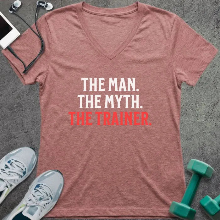 Heather mauve t-shirt printed with "The Man. the Myth. the Trainer." in red and white