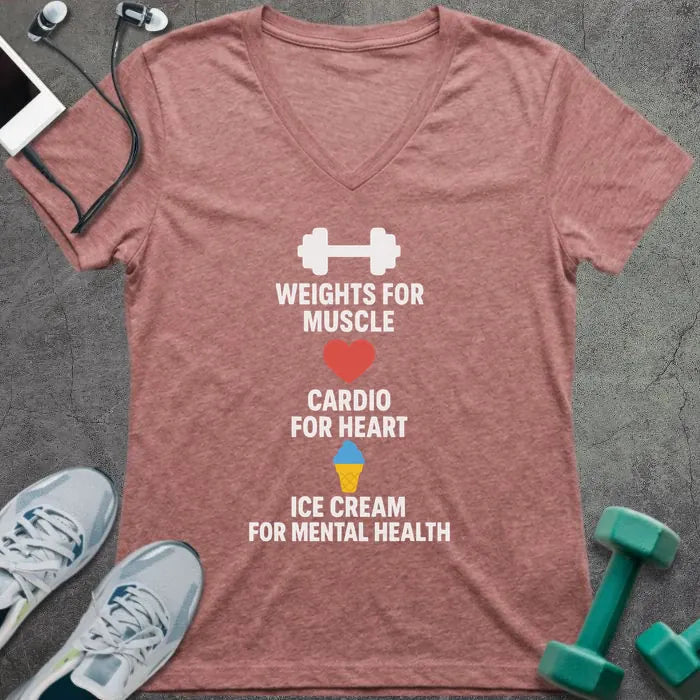 Heather mauve t-shirt printed with "Weights for Muscle Cardio for Heart Ice Cream for Mental Health" in white, red, blue, yellow, with a dumbbell, heart, and ice cream cone icon between lines