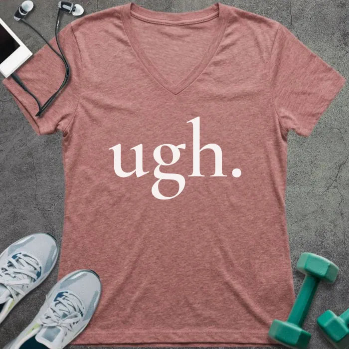 Heather mauve t-shirt printed with "ugh."