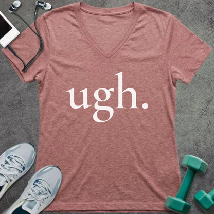 Heather mauve t-shirt printed with "ugh."