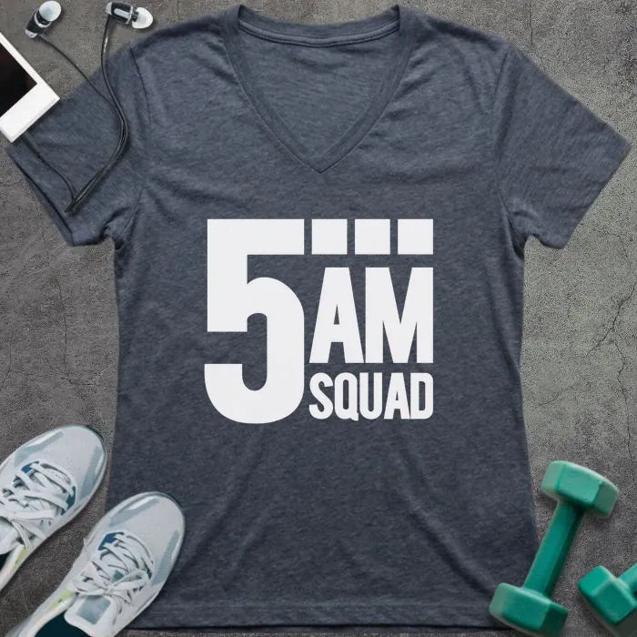 Heather navy t-shirt printed with "5AM Squad"